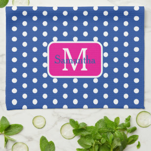 Preppy Navy Blue and White Polka Dot Monogram Tea Towel