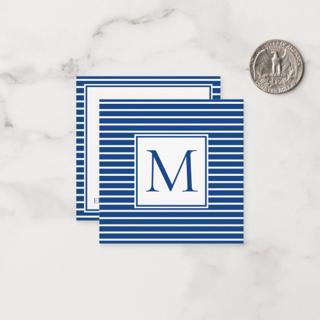 Preppy Navy Blue and White Stripe Monogram Card (Front/Back In Situ)