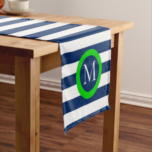 Preppy Navy Blue and White Stripe Monogram Short Table Runner