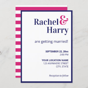 Preppy Navy Blue Border & Hot Pink Stripes Wedding Invitation
