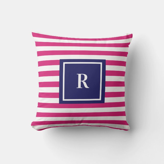 Preppy Navy Blue & Hot Pink Monogram Cushion (Front)