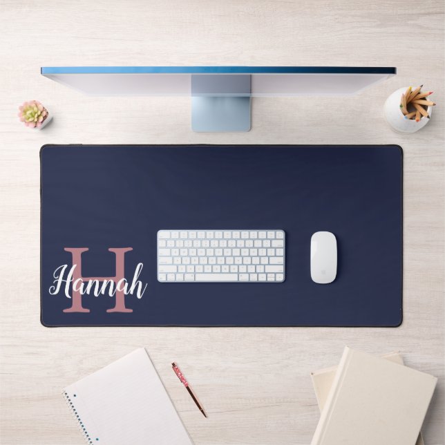 Preppy Navy Blue Pink Initial Monogram Name Desk Mat (Office 1)