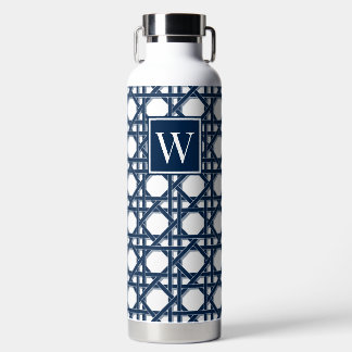 Preppy Navy Blue Rattan Cane Lattice Monogram Water Bottle