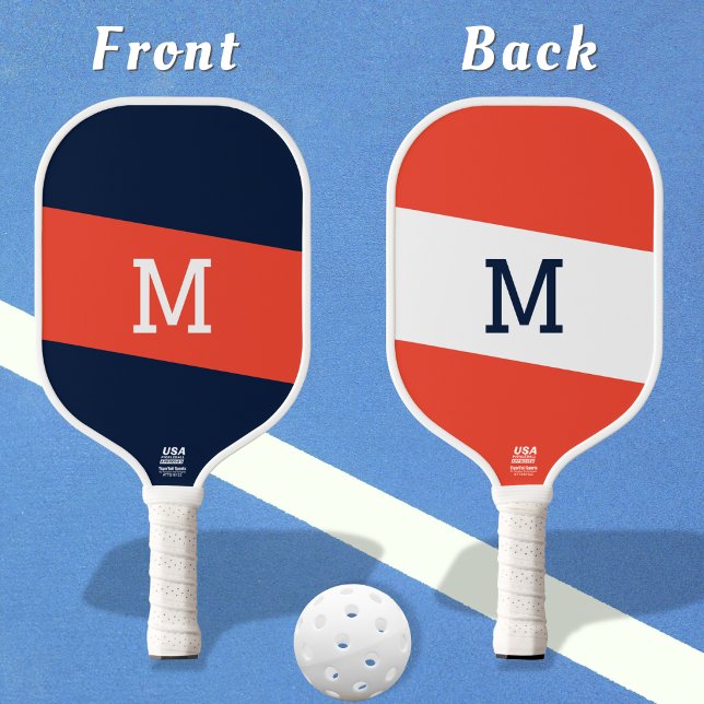 Preppy Navy Blue Red Striped Monogram Initial Pickleball Paddle (A reversible, retro pickleball paddle in red, navy blue and white, with preppy monogram initial)