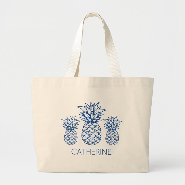Preppy Navy Blue Tropical Pineapple Personalised Large Tote Bag (Front)
