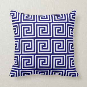 Preppy Navy Blue White Greek Key Pattern Cushion