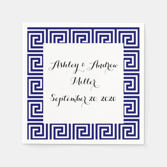 Preppy Navy Blue White Greek Key Pattern Napkin (Front)