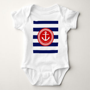 Preppy Navy Nautical Stripe Anchor Monogram on Red Baby Bodysuit
