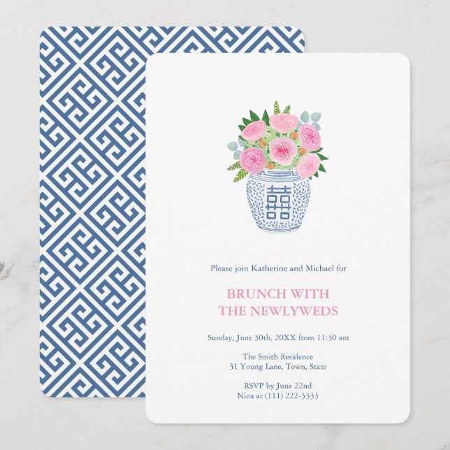 Preppy Navy Pink Roses Ginger Jar Newlyweds Brunch Invitation (Front/Back)