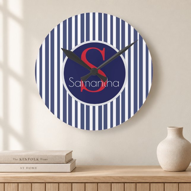Preppy Navy Red Striped Initial Monogram Round Clock (Creator Uploaded)