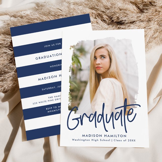 Preppy Navy Script Photo Graduation Party Invitation (Creator Uploaded)