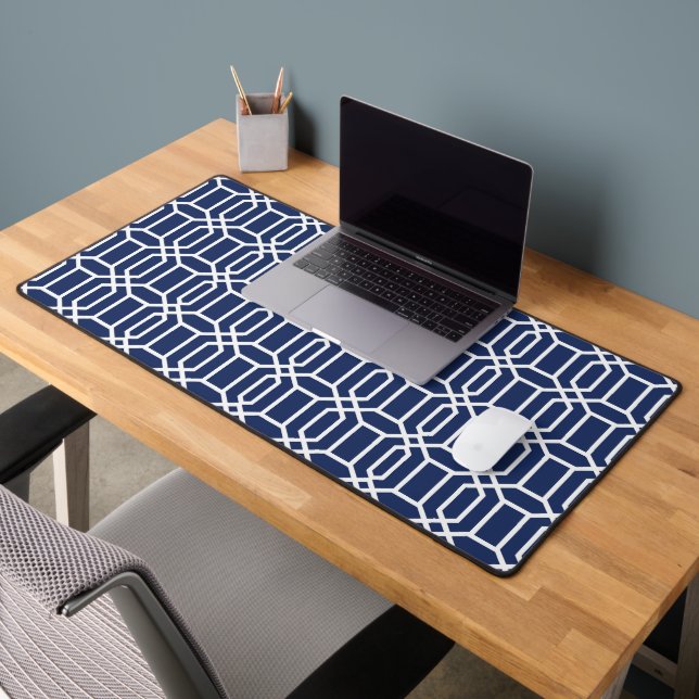 Preppy Navy White Octagon Geometric Desk Mat (Office 2)