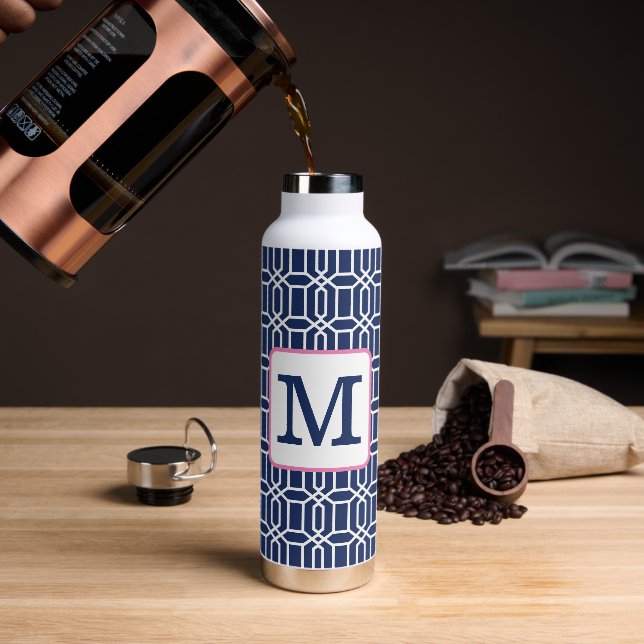 Preppy Navy White Octagon Monogram Coffee Water Bottle (Coffee)