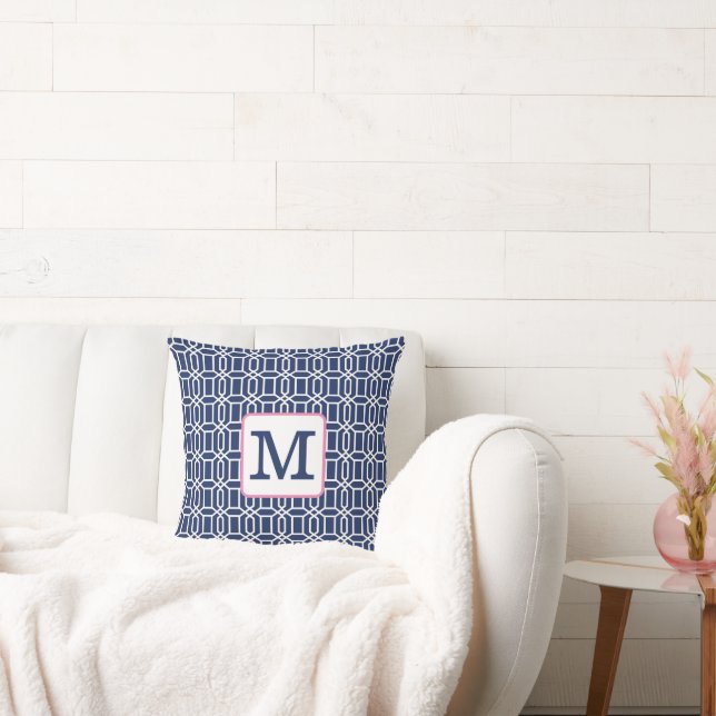 Preppy Navy White Octagon Monogram Initial Cushion (Couch)