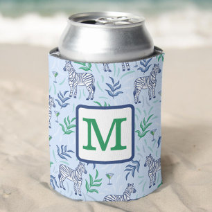Preppy Navy Zebra Martinis Blue Monogram Can Cooler