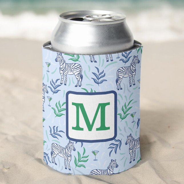 Preppy Navy Zebra Martinis Blue Monogram  Can Cooler (Creator Uploaded)