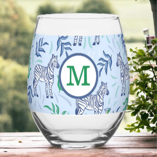 Preppy Navy Zebra Martinis Blue Monogram  Stemless Wine Glass