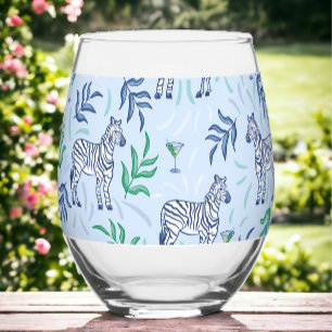 Preppy Navy Zebra Martinis Blue  Stemless Wine Glass