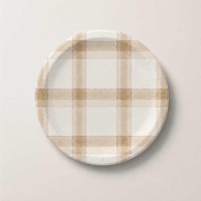 Preppy Neutral Plaid Paper Plate (Creator Uploaded)