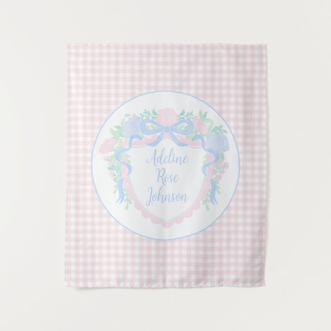 Preppy Nursery Watercolor Crest Custom Name Tapestry (Front)