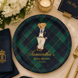 Preppy Old Money Teddy Bear Baby Shower Paper Plate