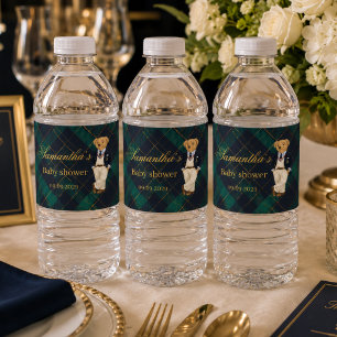 Preppy Old Money Teddy Bear Baby Shower Water Bottle Label