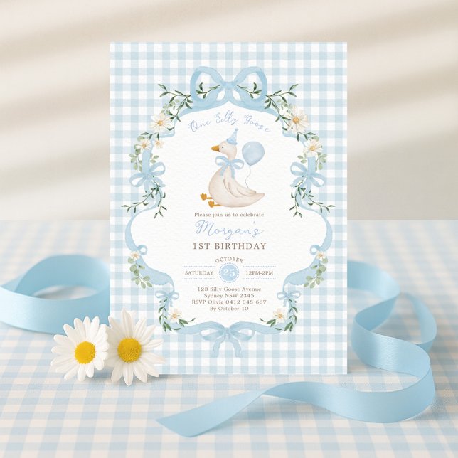 Preppy One Silly Goose Blue Bow 1st Birthday Invitation (Creator Uploaded)