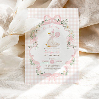 Preppy One Silly Goose Pink Bow Girl 1st Birthday Invitation