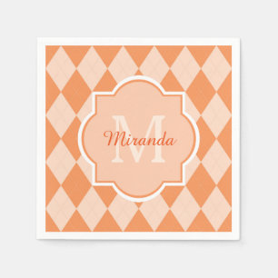 Preppy Orange Argyle Girly Monogram and Name Napkin