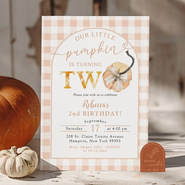 Preppy Orange Gingham Pumpkin 2nd Birthday Invitation (Creator Uploaded)
