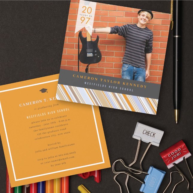 Preppy Orange Pin Stripes Photo Graduation Party Invitation (Creator Uploaded)
