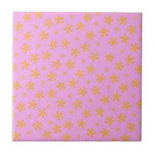 Preppy Orange Pink Hippie Flower Pattern Ceramic Tile