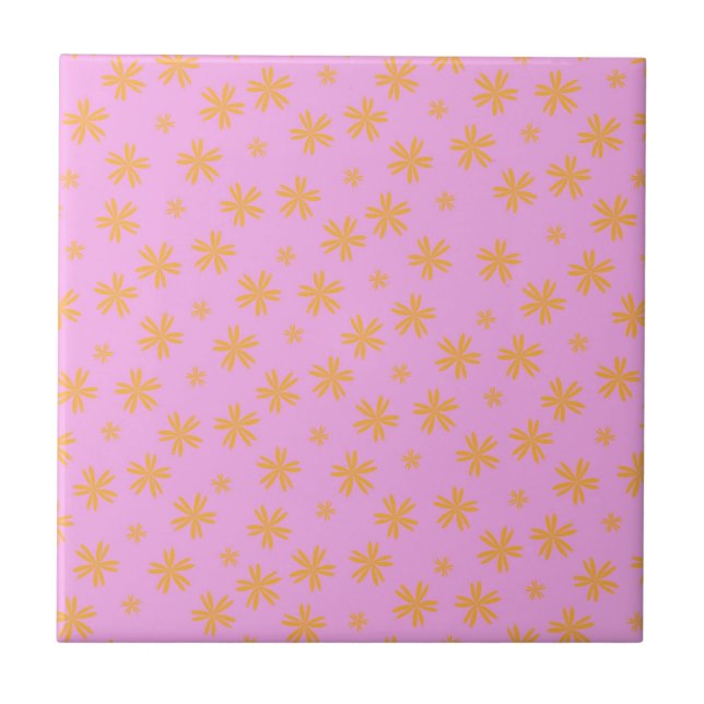 Preppy Orange Pink Hippie Flower Pattern Ceramic Tile (Front)
