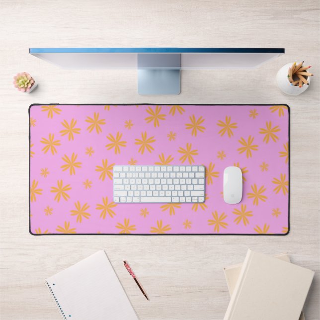 Preppy Orange Pink Hippie Flower Pattern Desk Mat (Office 1)
