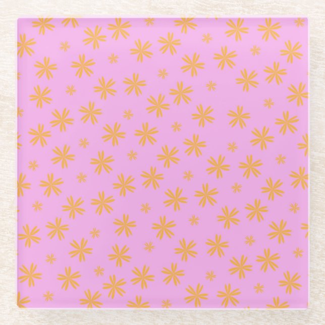 Preppy Orange Pink Hippie Flower Pattern Glass Coaster (Front)