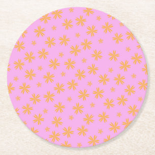 Preppy Orange Pink Hippie Flower Pattern Round Paper Coaster