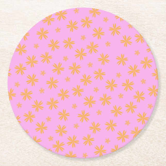 Preppy Orange Pink Hippie Flower Pattern Round Paper Coaster (Front)