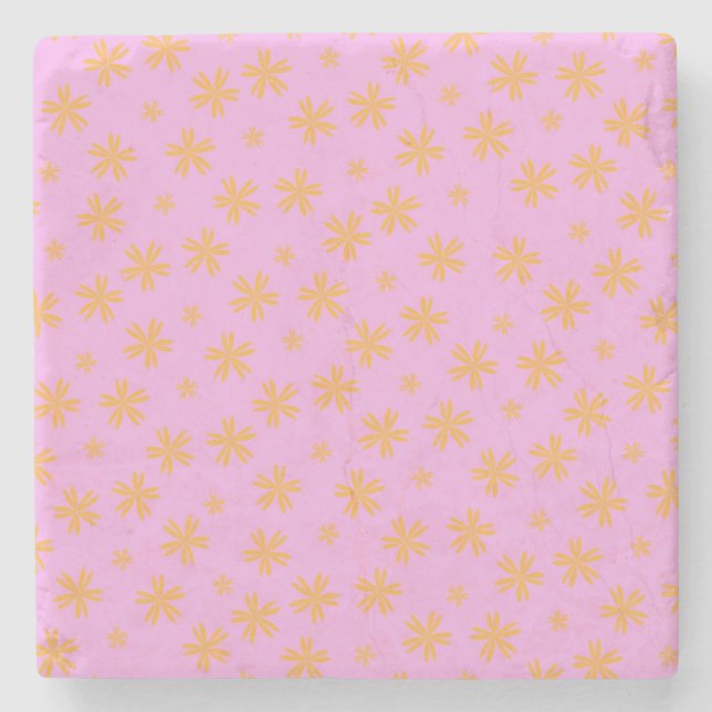 Preppy Orange Pink Hippie Flower Pattern Stone Coaster (Front)