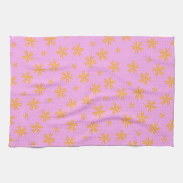 Preppy Orange Pink Hippie Flower Pattern Tea Towel (Horizontal)