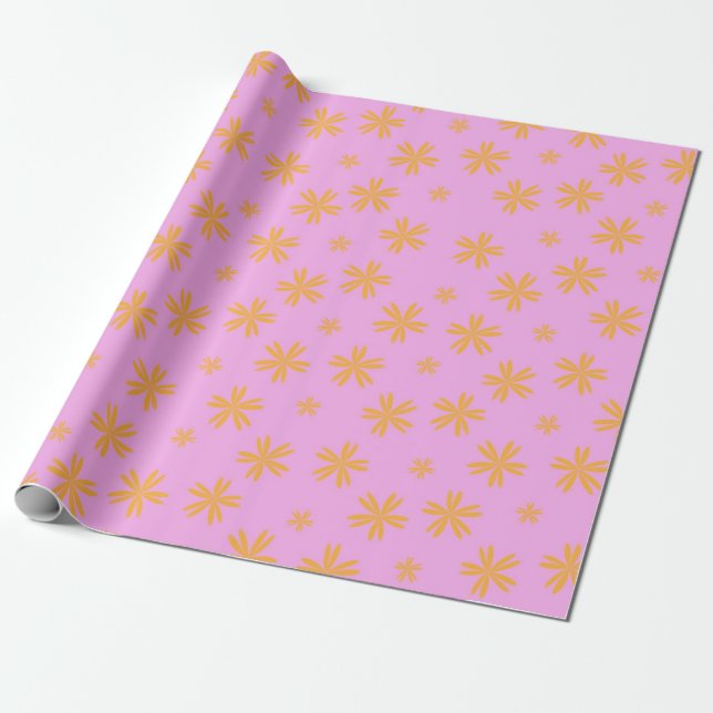 Preppy Orange Pink Hippie Flower Pattern Wrapping Paper (Unrolled)