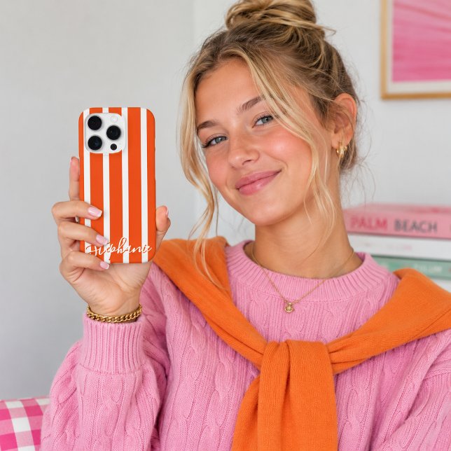 Preppy Orange Stripe Script Name iPhone Case (Creator Uploaded)