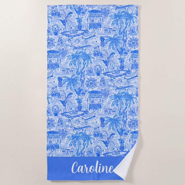 Preppy Palm Beach Blue Animal Vacation Personalise Towel (Front)