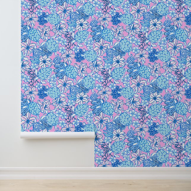 Preppy Palm Beach Blue & Lavender Turtles Wallpaper (Application)