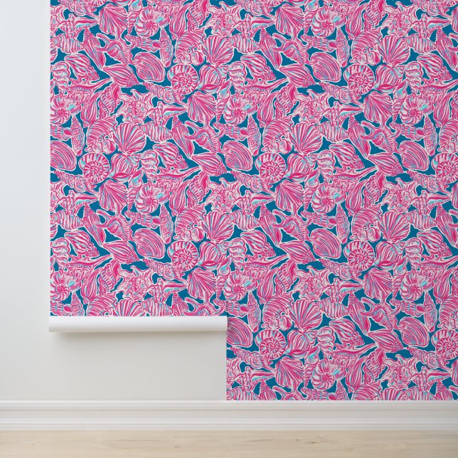 Preppy Palm Beach Blue & Pink Seashells Wallpaper (Application)