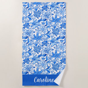 Preppy Palm Beach Blue & White Lilies Personalised Towel