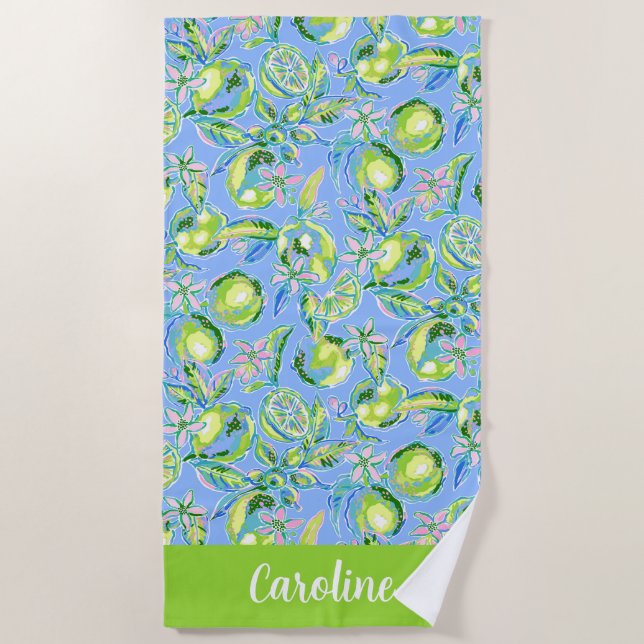Preppy Palm Beach Blue with Limes Personalised Beach Towel (Front)
