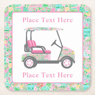 Preppy Palm Beach Golf Cart Square Paper Coaster