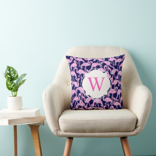 Preppy Palm Beach Navy Pink Flamingos Monogram Cushion