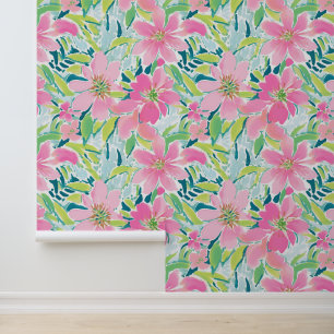 Preppy Palm Beach Pink and Green Tropical Flowers Wallpaper