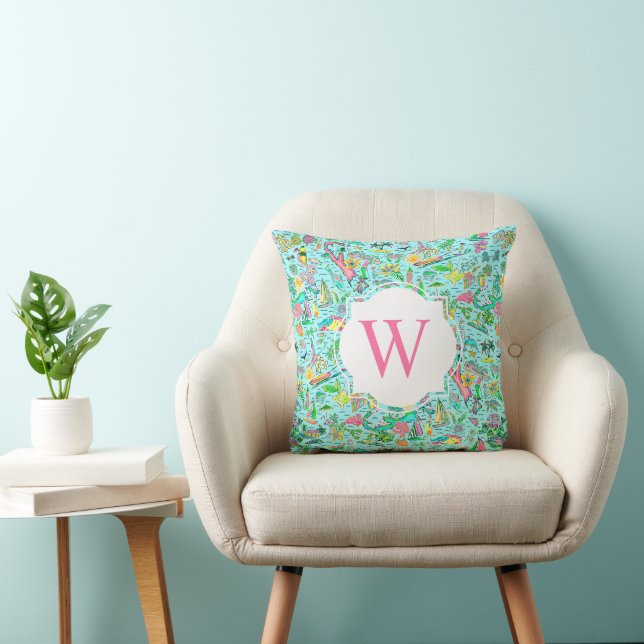 Preppy Palm Beach Pink Blue Bermuda Monogram Cushion (Chair)